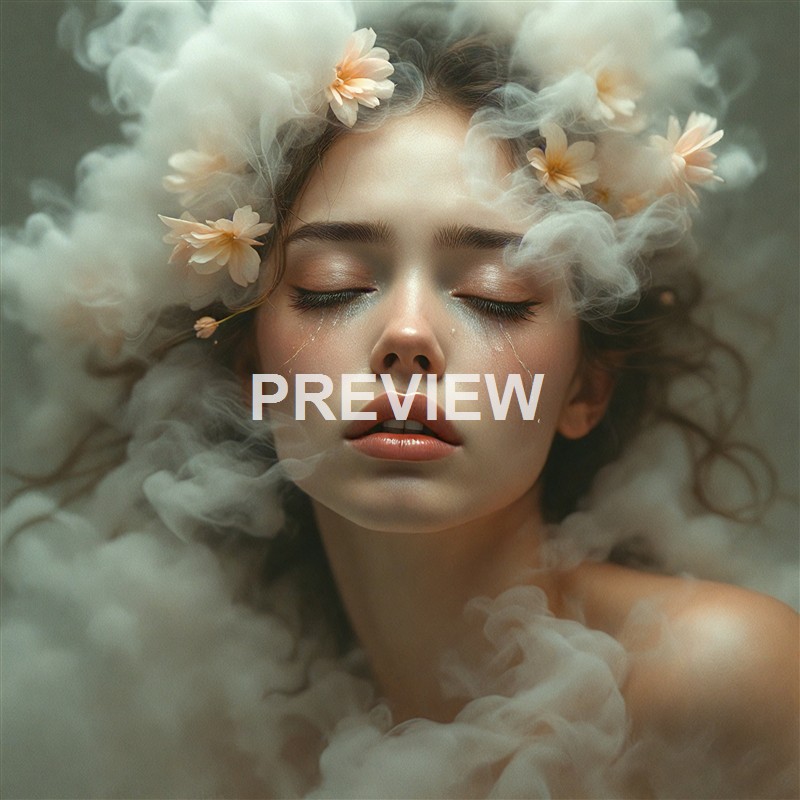 A close-up of a young woman with closed eyes, surrounded by soft, swirling smoke and adorned with light pink flowers in her hair.